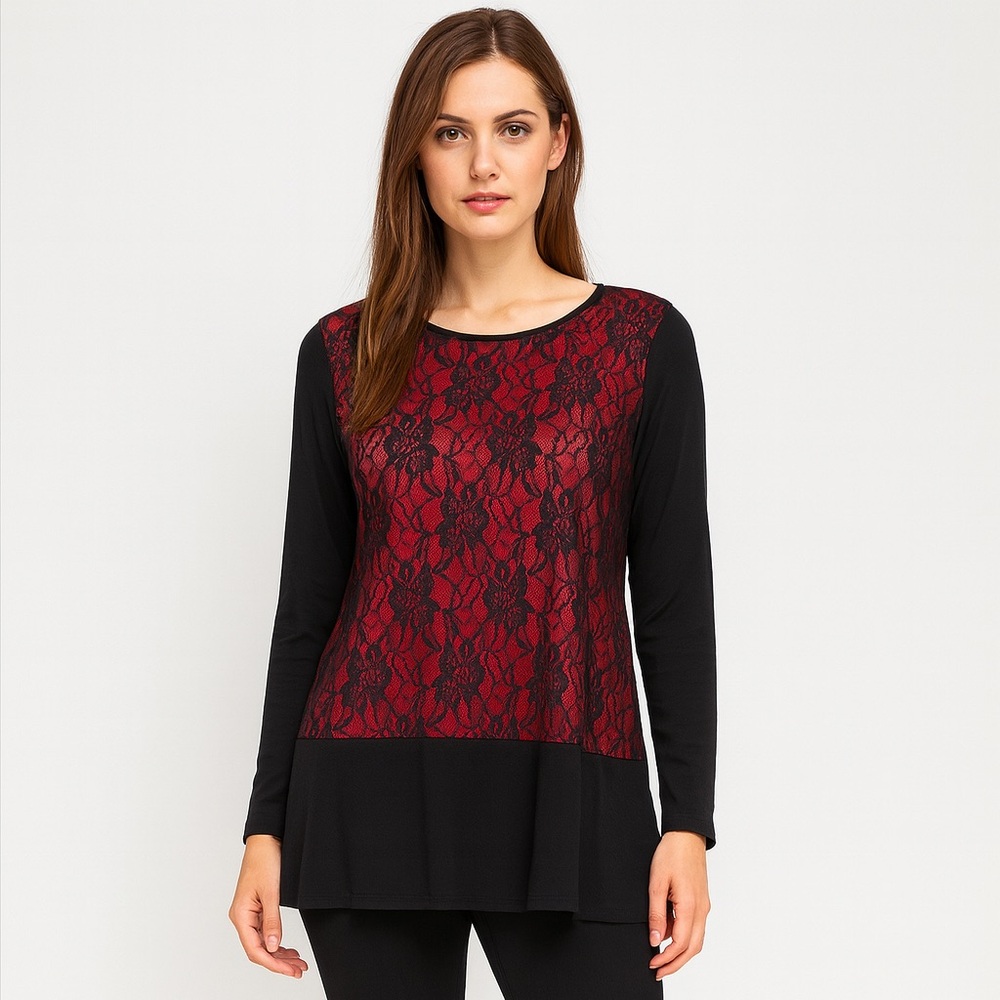August Silk XL Red Black Lace Front Tunic Top Long Sleeve Stretch Women’s